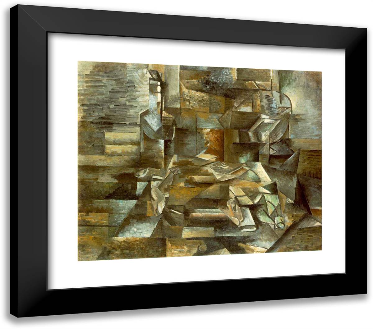 Bottle and Fishes 23x20 Black Modern Wood Framed Art Print Poster by Braque, Georges