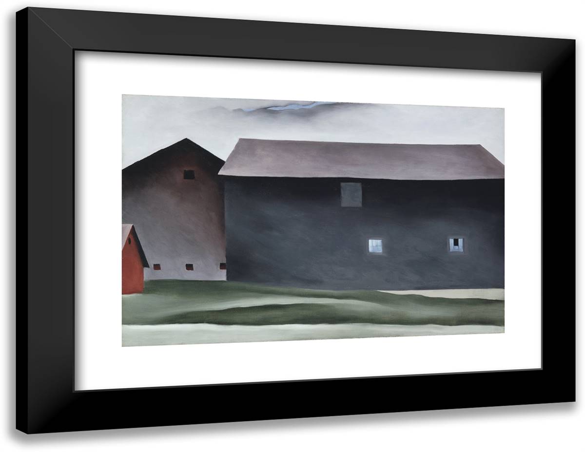 Lake George Barns 24x19 Black Modern Wood Framed Art Print Poster by O'Keeffe, Georgia