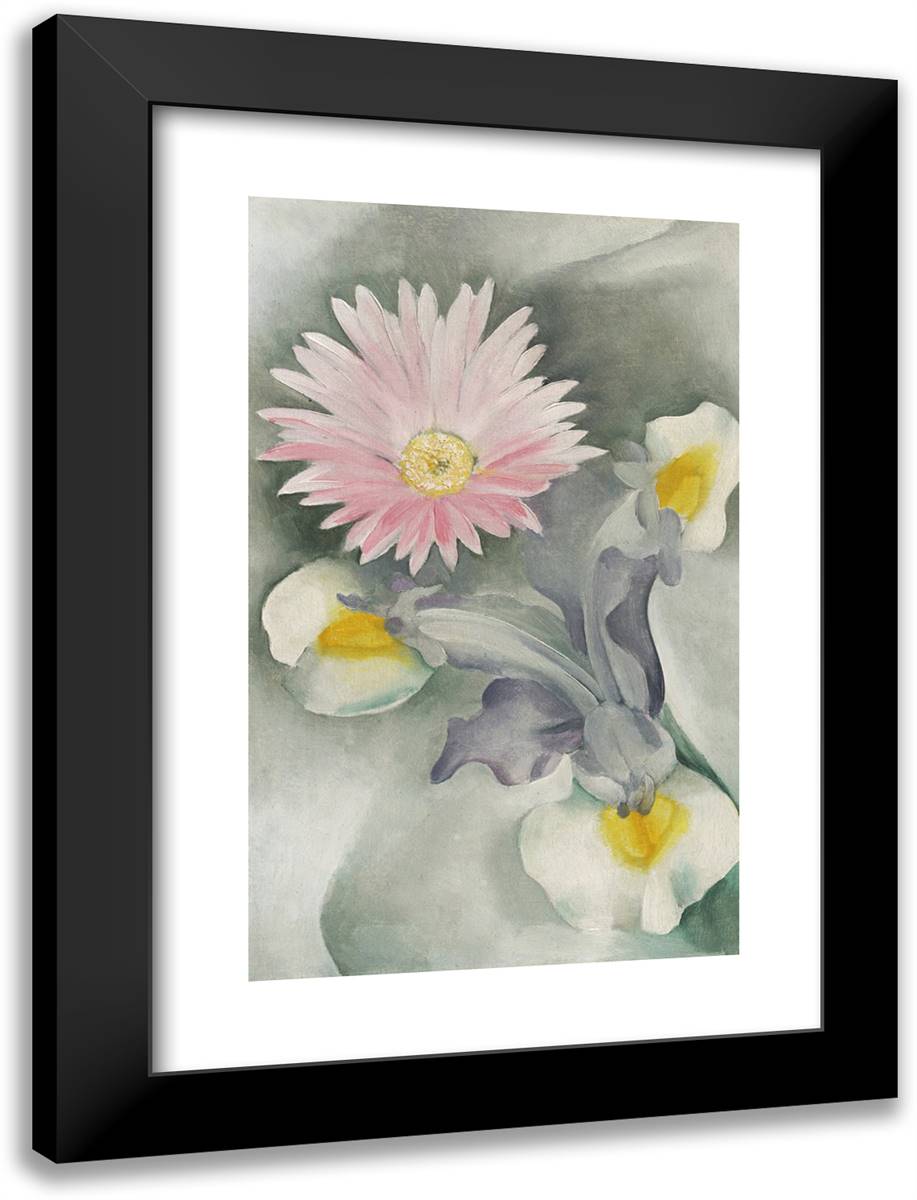 Pink Daisy with Iris 18x24 Black Modern Wood Framed Art Print Poster by O'Keeffe, Georgia