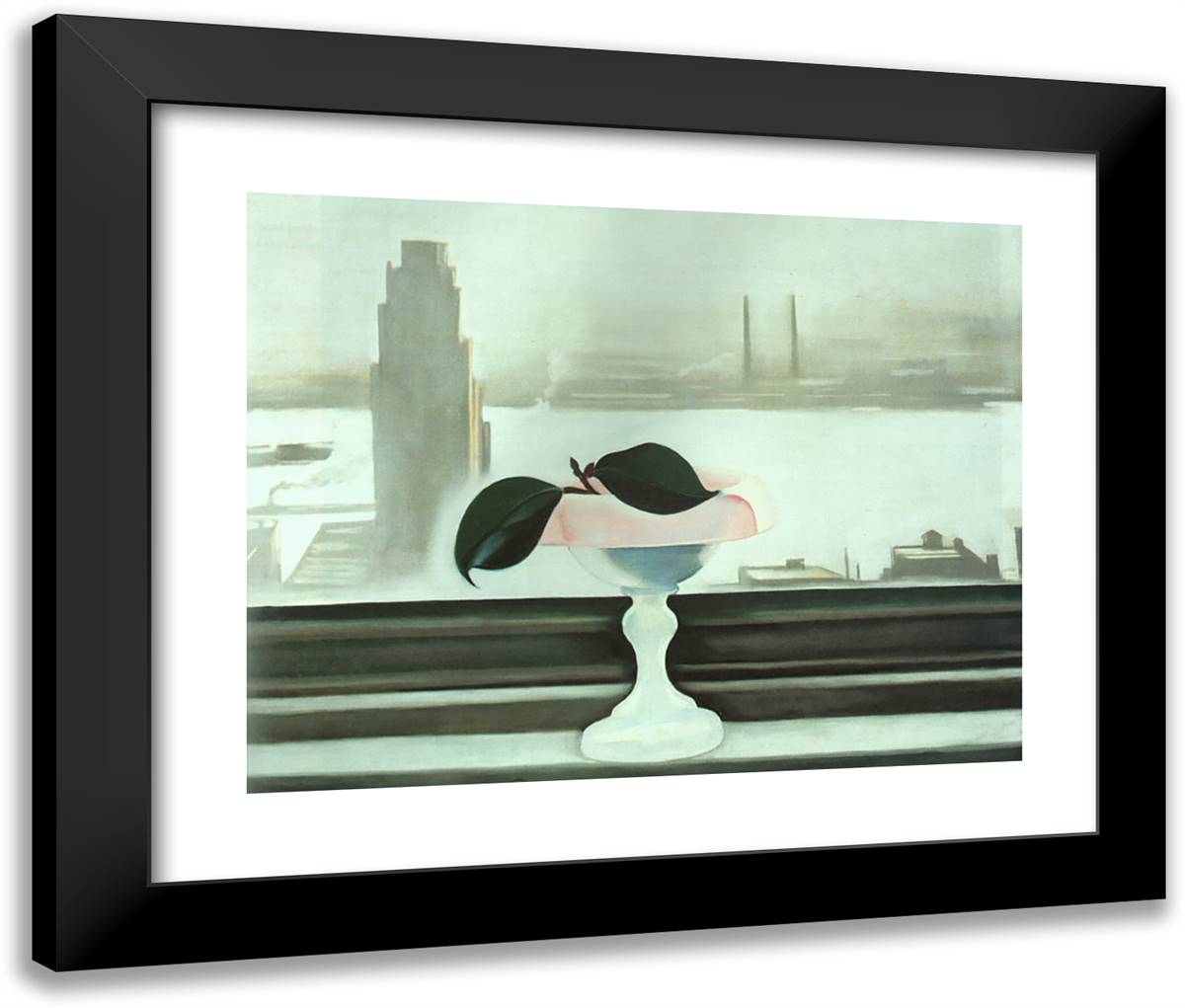 Pink Dish and Green Leaves 24x20 Black Modern Wood Framed Art Print Poster by O'Keeffe, Georgia