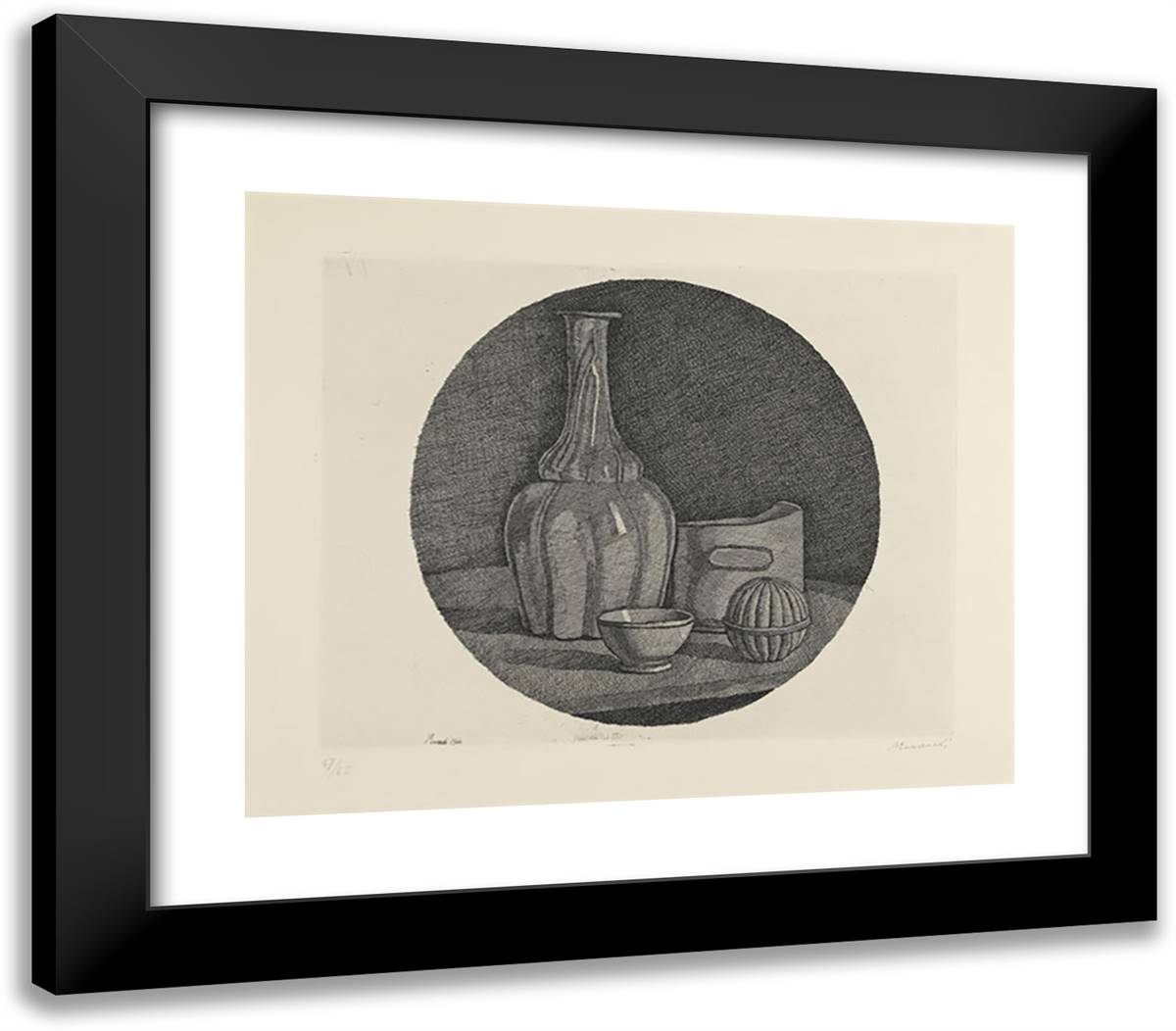 Grande Natura Morta Circolare Con Bottiglia E Tre Oggetti 23x20 Black Modern Wood Framed Art Print Poster by Morandi, Giorgio