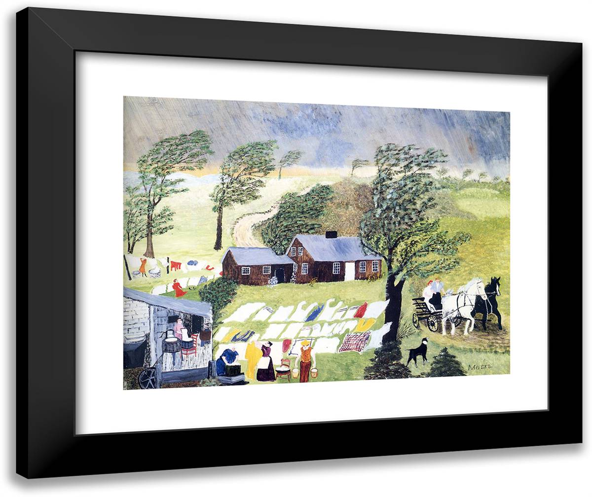 Taking in the Laundry 24x20 Black Modern Wood Framed Art Print Poster by Grandma Moses