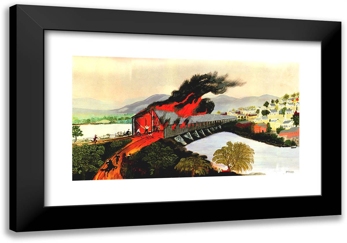 The Burning of Troy in 1862 24x17 Black Modern Wood Framed Art Print Poster by Grandma Moses