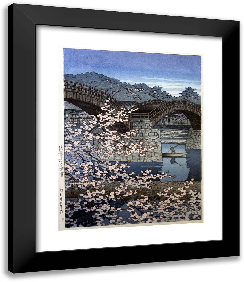 Evening at Kintai Bridge in Spring2 20x24 Black Modern Wood Framed Art Print Poster by Hasui, Kawase