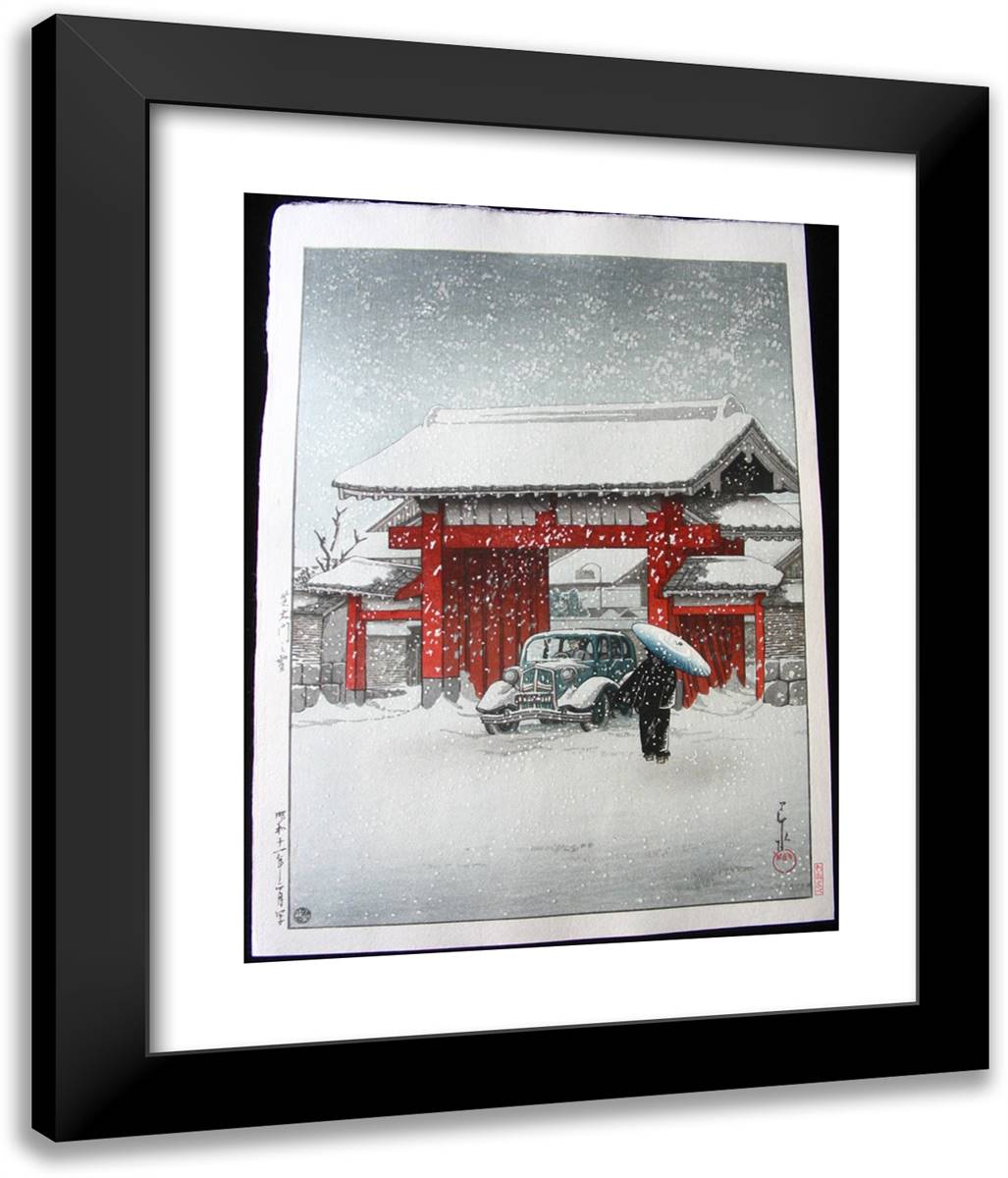 Snow at Shiba Daimon 20x24 Black Modern Wood Framed Art Print Poster by Hasui, Kawase