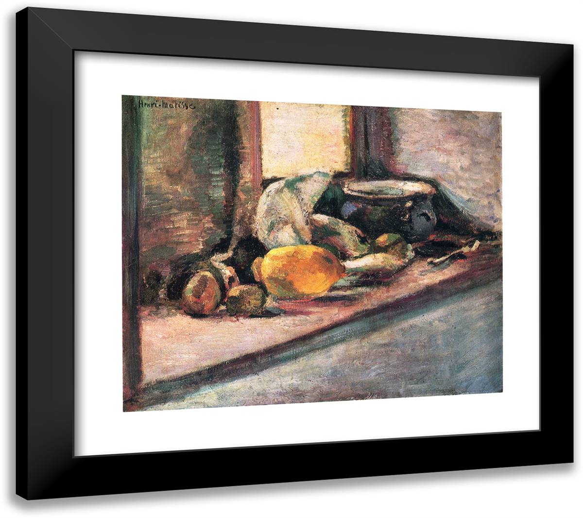Blue Pot and Lemon 22x20 Black Modern Wood Framed Art Print Poster by Matisse, Henri