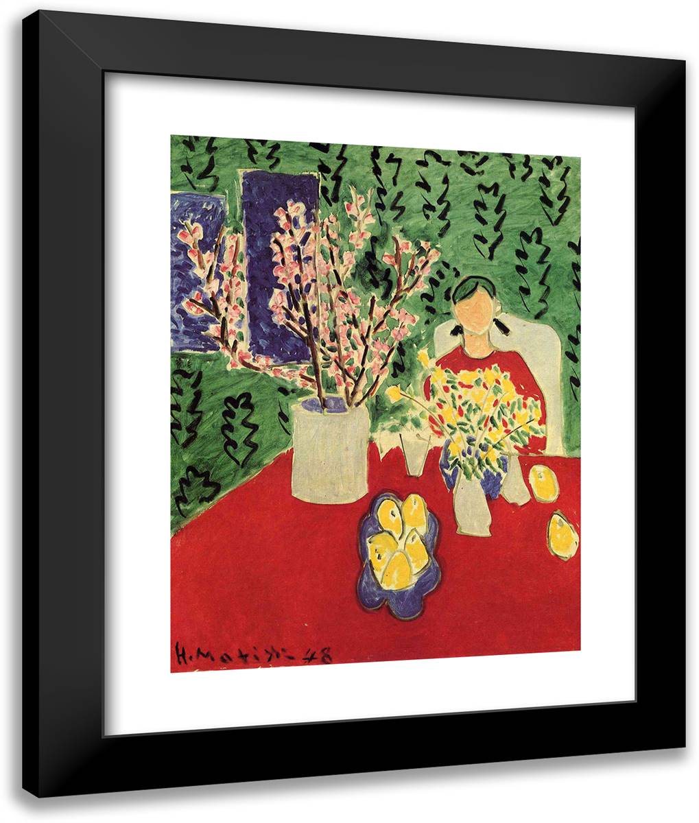 Plum Blossoms, Green Background 20x24 Black Modern Wood Framed Art Print Poster by Matisse, Henri