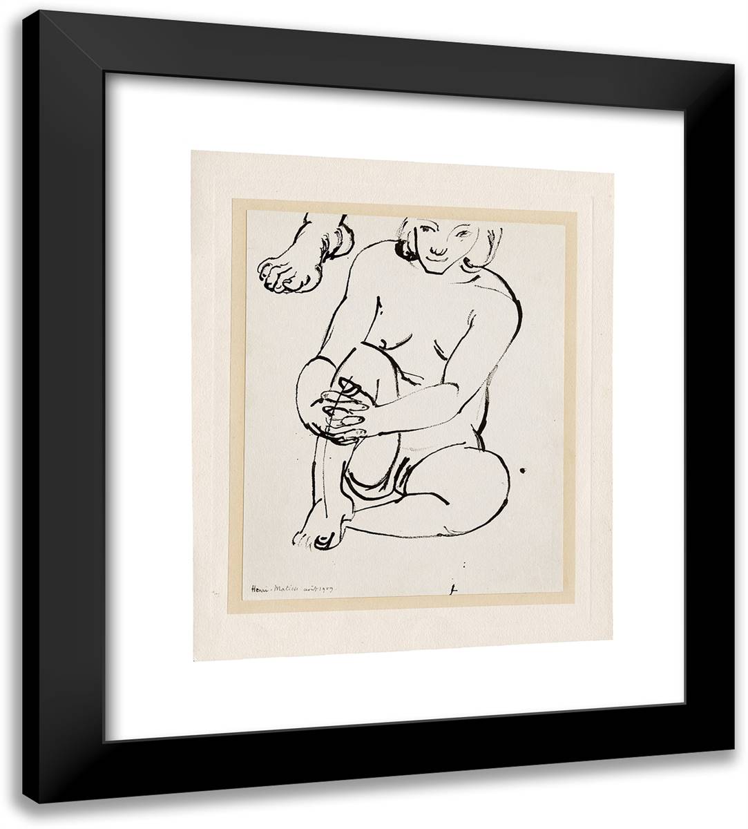 Seated Female Nude, Holding One Knee, with Sketch of a Foot 20x22 Black Modern Wood Framed Art Print Poster by Matisse, Henri