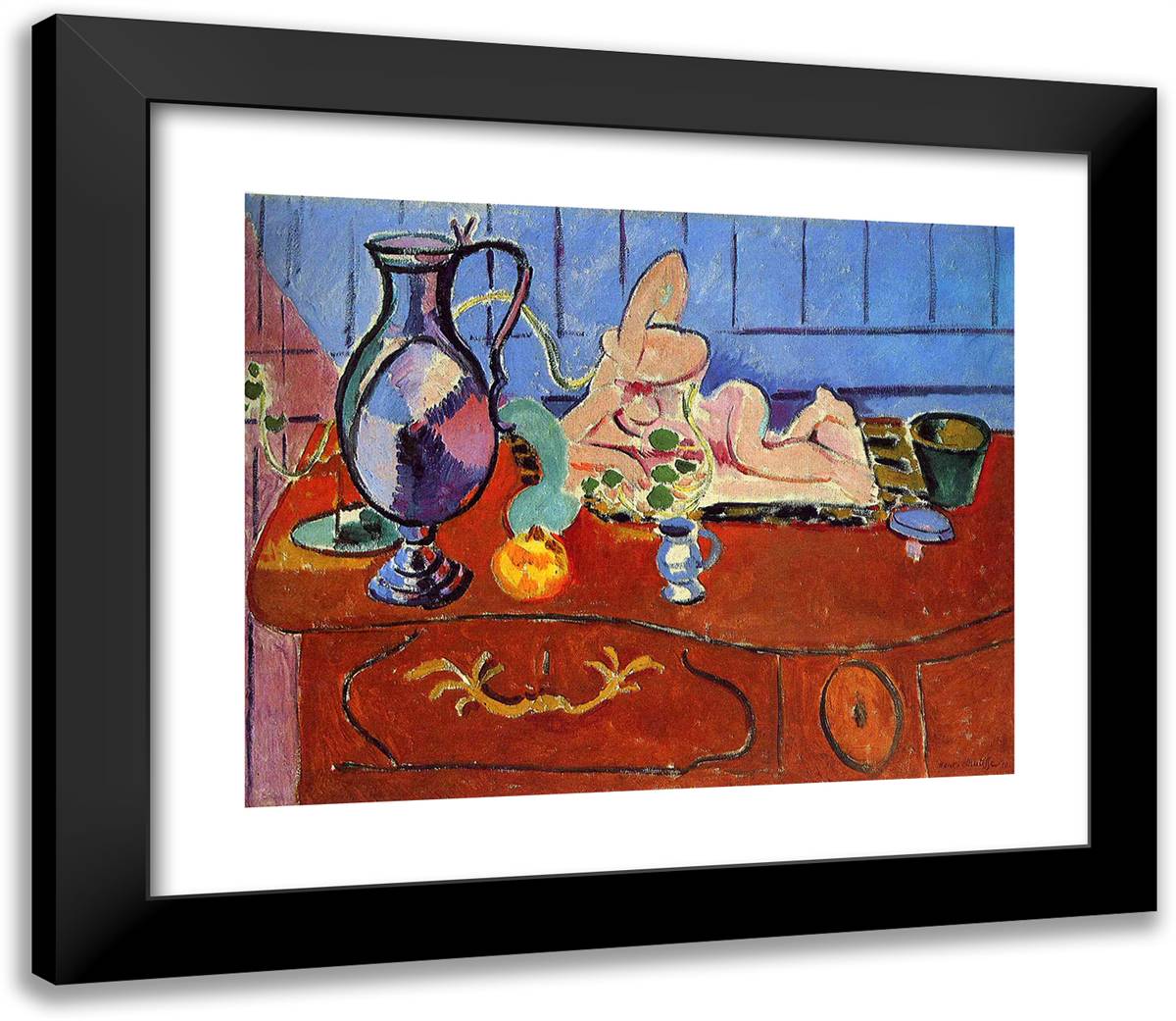 Still Life with a Pewter Jug and Pink Statuette 23x20 Black Modern Wood Framed Art Print Poster by Matisse, Henri