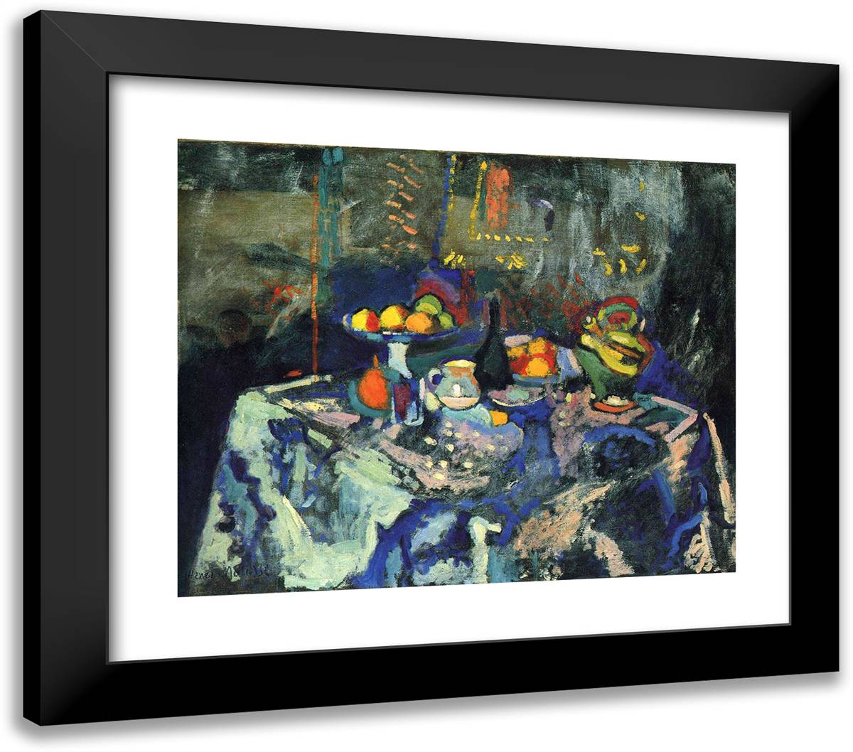 Still Life with Vase, Bottle and Fruit 23x20 Black Modern Wood Framed Art Print Poster by Matisse, Henri