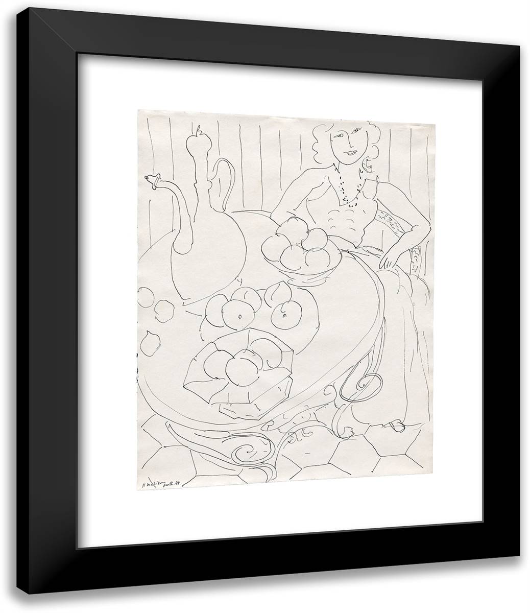 Woman Seated at a Table with Fruit and Pitcher 20x24 Black Modern Wood Framed Art Print Poster by Matisse, Henri