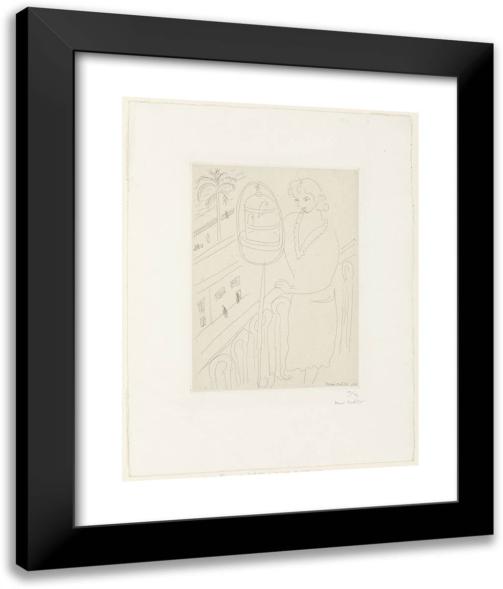 Young Woman on a Balcony Looking at Parakeets 20x24 Black Modern Wood Framed Art Print Poster by Matisse, Henri
