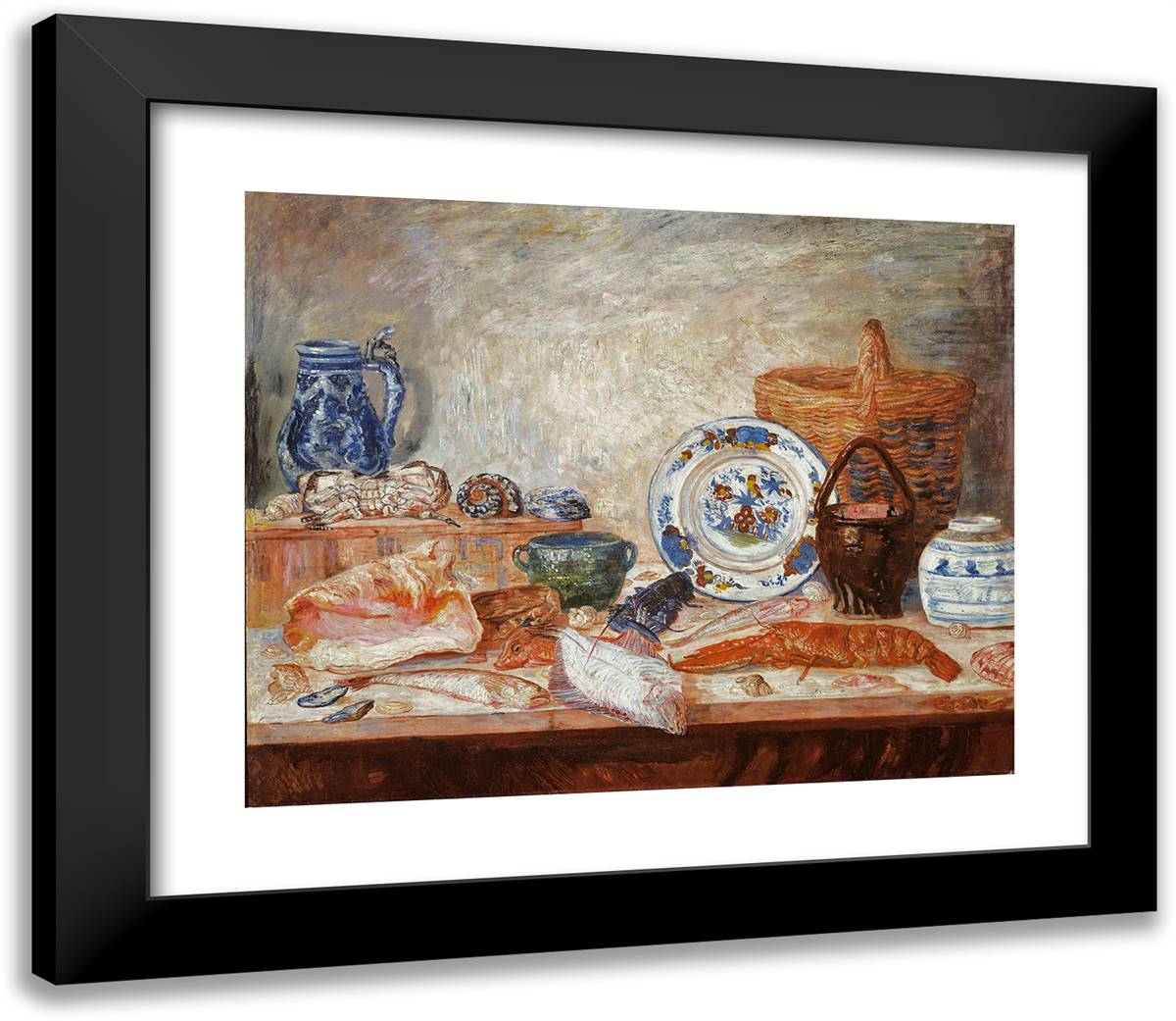 Still Life with Fish and Shells 23x20 Black Modern Wood Framed Art Print Poster by Ensor, James