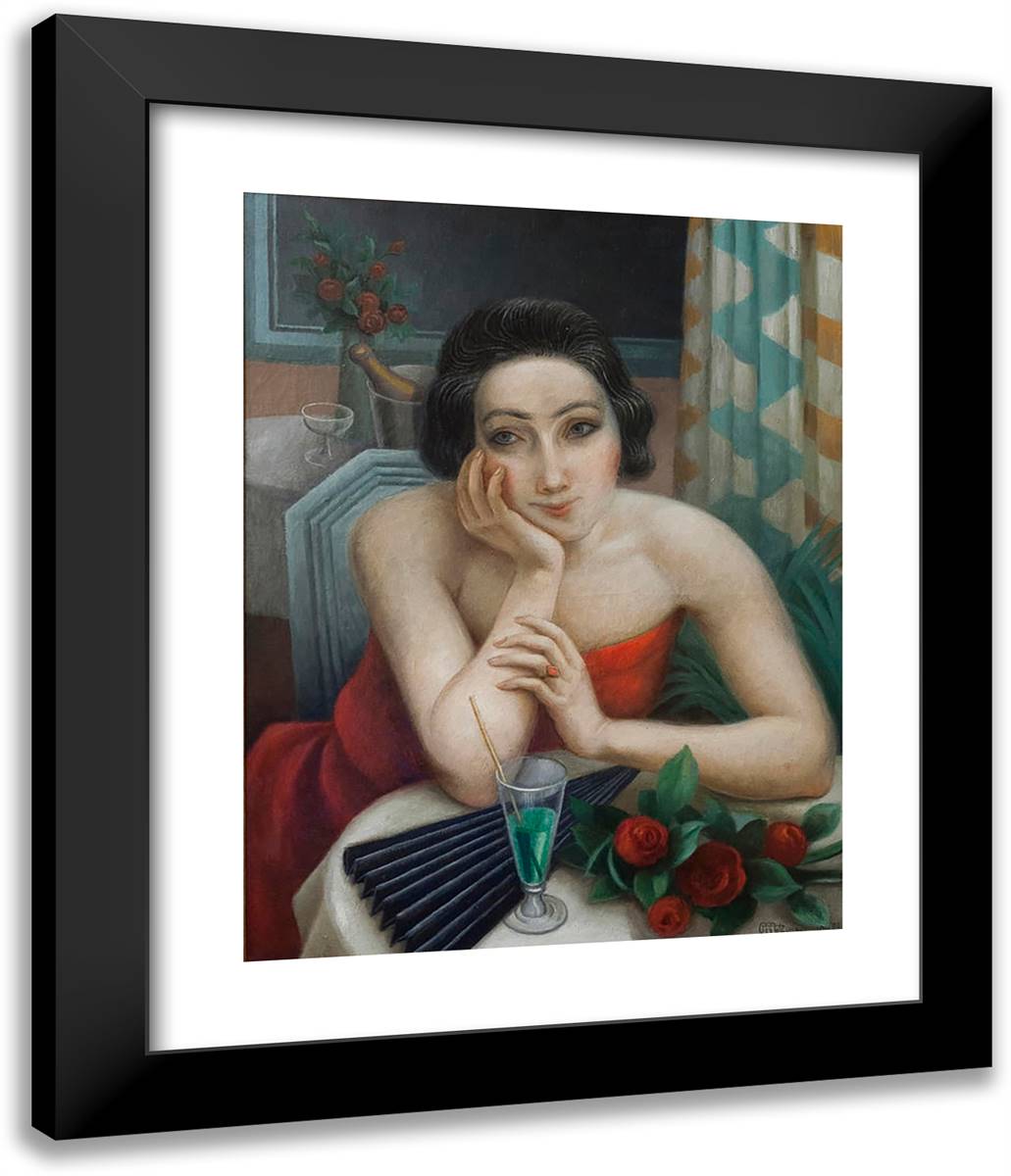 Jeune Femme Pensive Aux Roses Rouges 20x24 Black Modern Wood Framed Art Print Poster by Metzinger, Jean