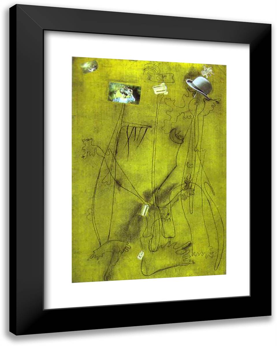 Drawing-Collage with a Hat 19x24 Black Modern Wood Framed Art Print Poster by Miro, Joan