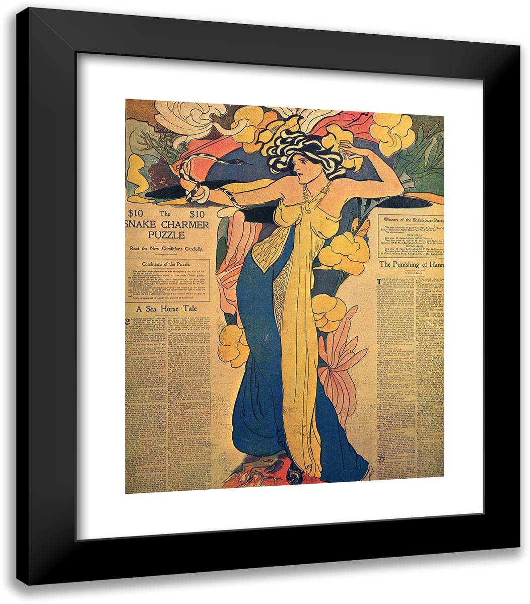 Snake Charmer Puzzle 20x23 Black Modern Wood Framed Art Print Poster by Sloan, John French