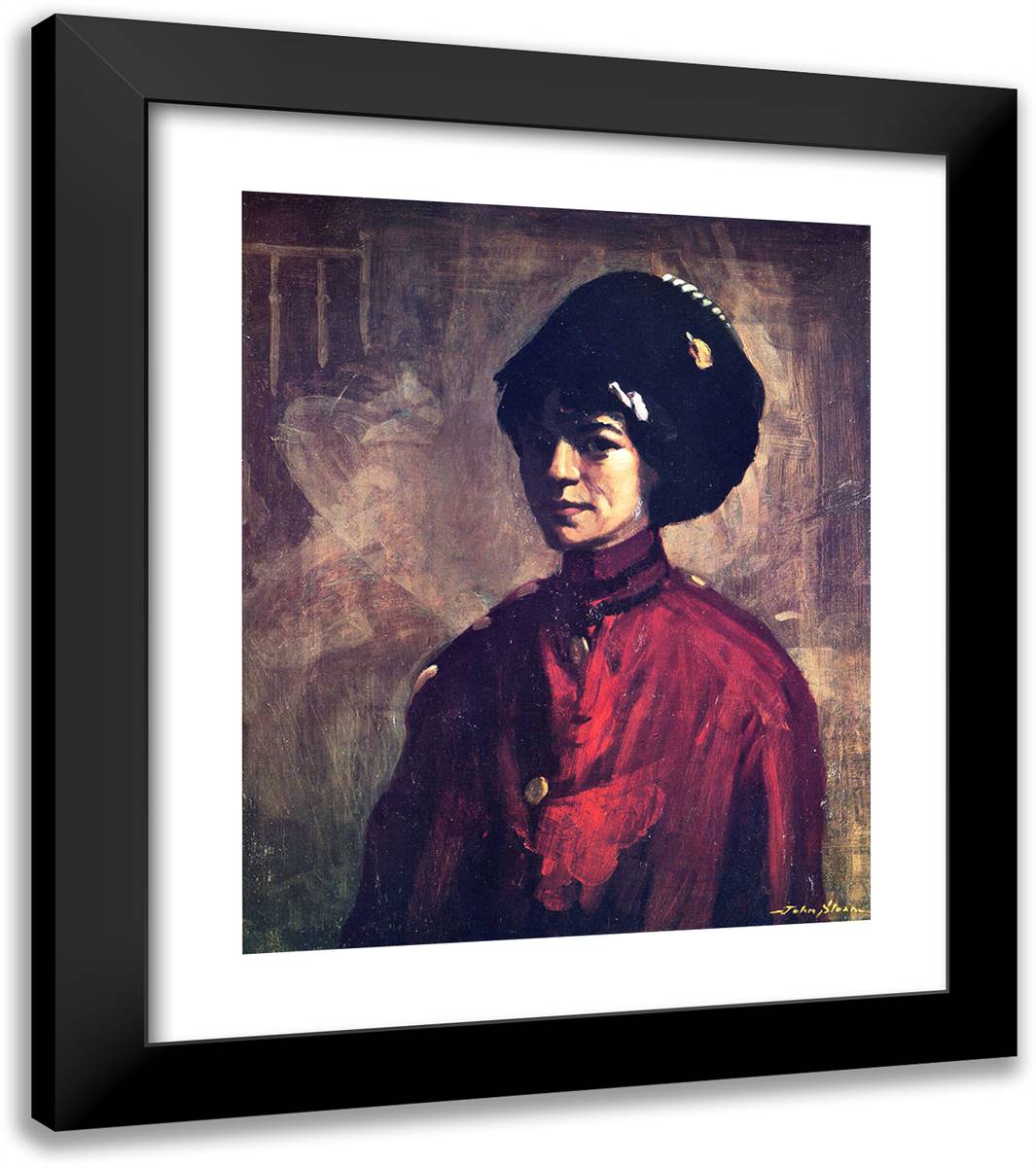 Spanish Girl (Fur Hat, Red Coat) 20x23 Black Modern Wood Framed Art Print Poster by Sloan, John French
