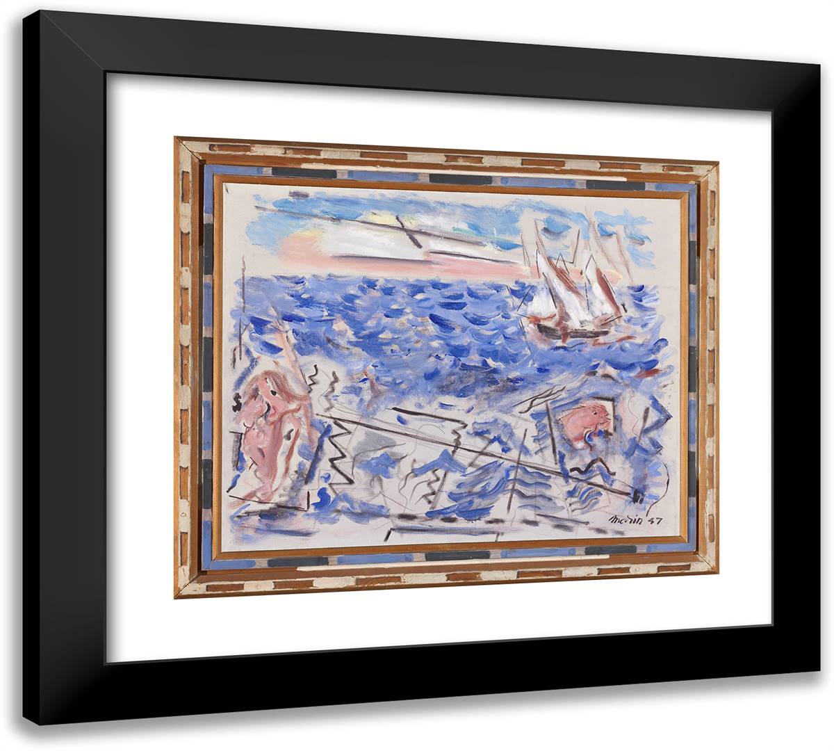Movement Boats and Objects, Blue Gray Sea 22x20 Black Modern Wood Framed Art Print Poster by Marin, John