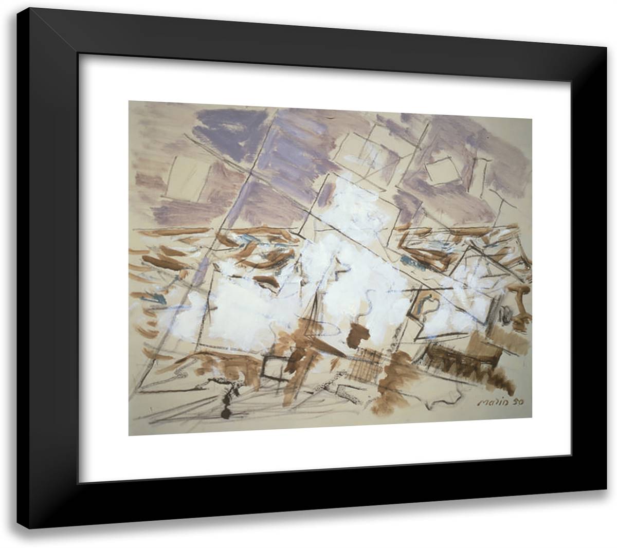 Movement in White, Umber, and Cobalt Green 22x20 Black Modern Wood Framed Art Print Poster by Marin, John