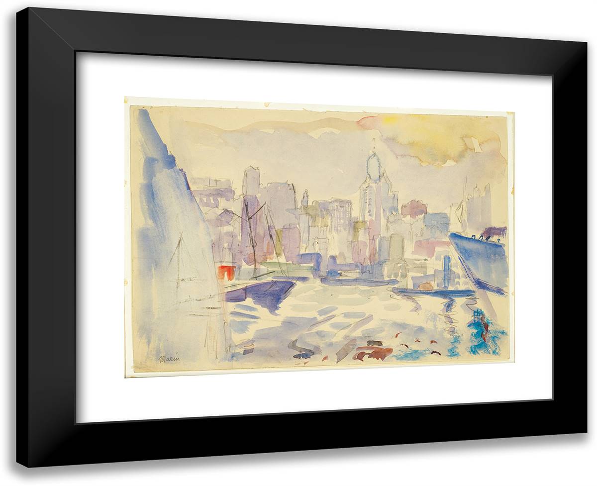 Skyline with Boats in Foreground 24x19 Black Modern Wood Framed Art Print Poster by Marin, John