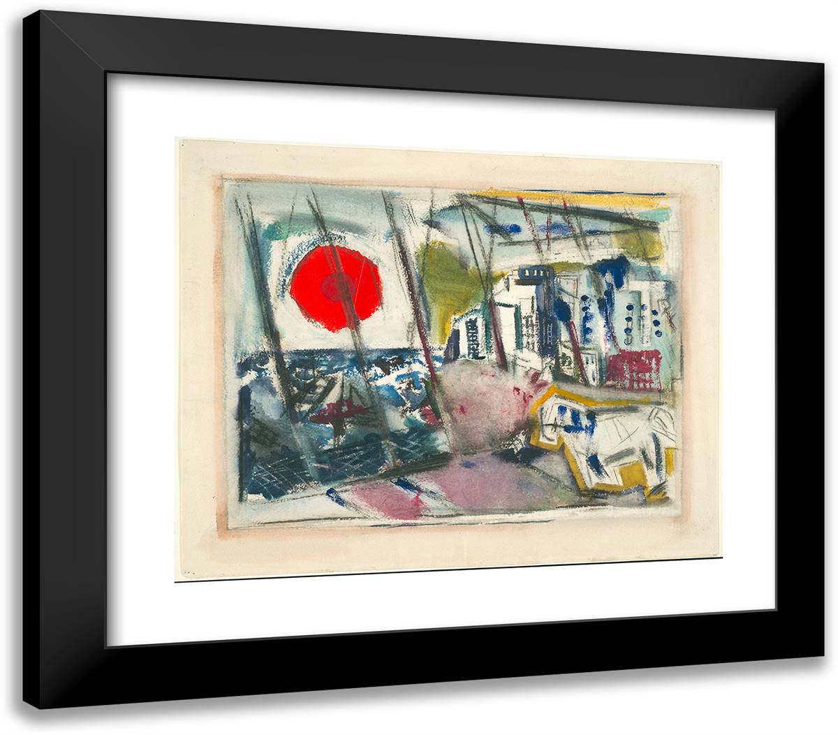 The Red Sun, Brooklyn Bridge 23x20 Black Modern Wood Framed Art Print Poster by Marin, John