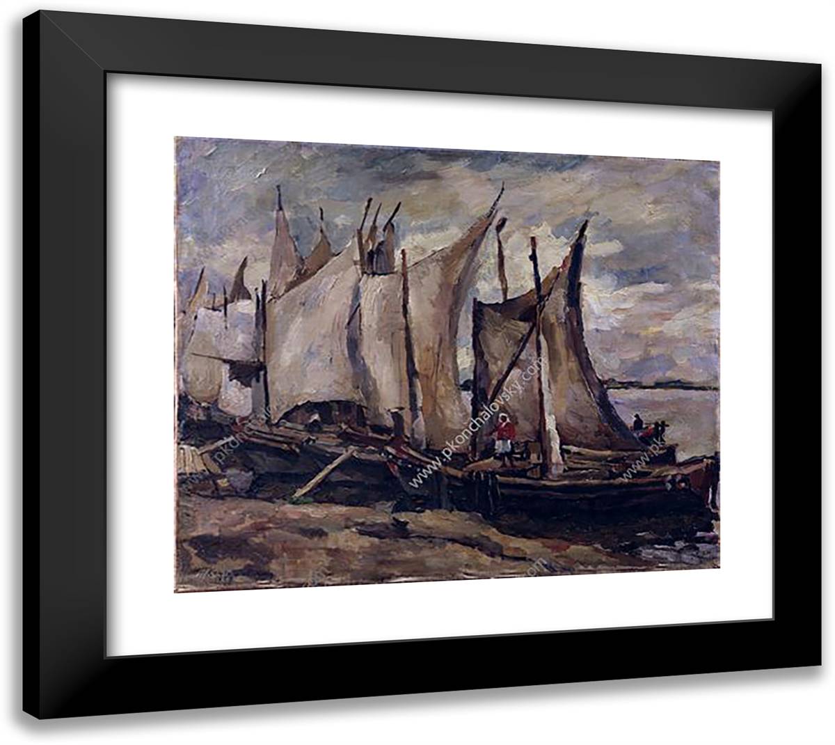 Fishing Boats. Drying the Sails. 22x20 Black Modern Wood Framed Art Print Poster by Konchalovsky, Piotr