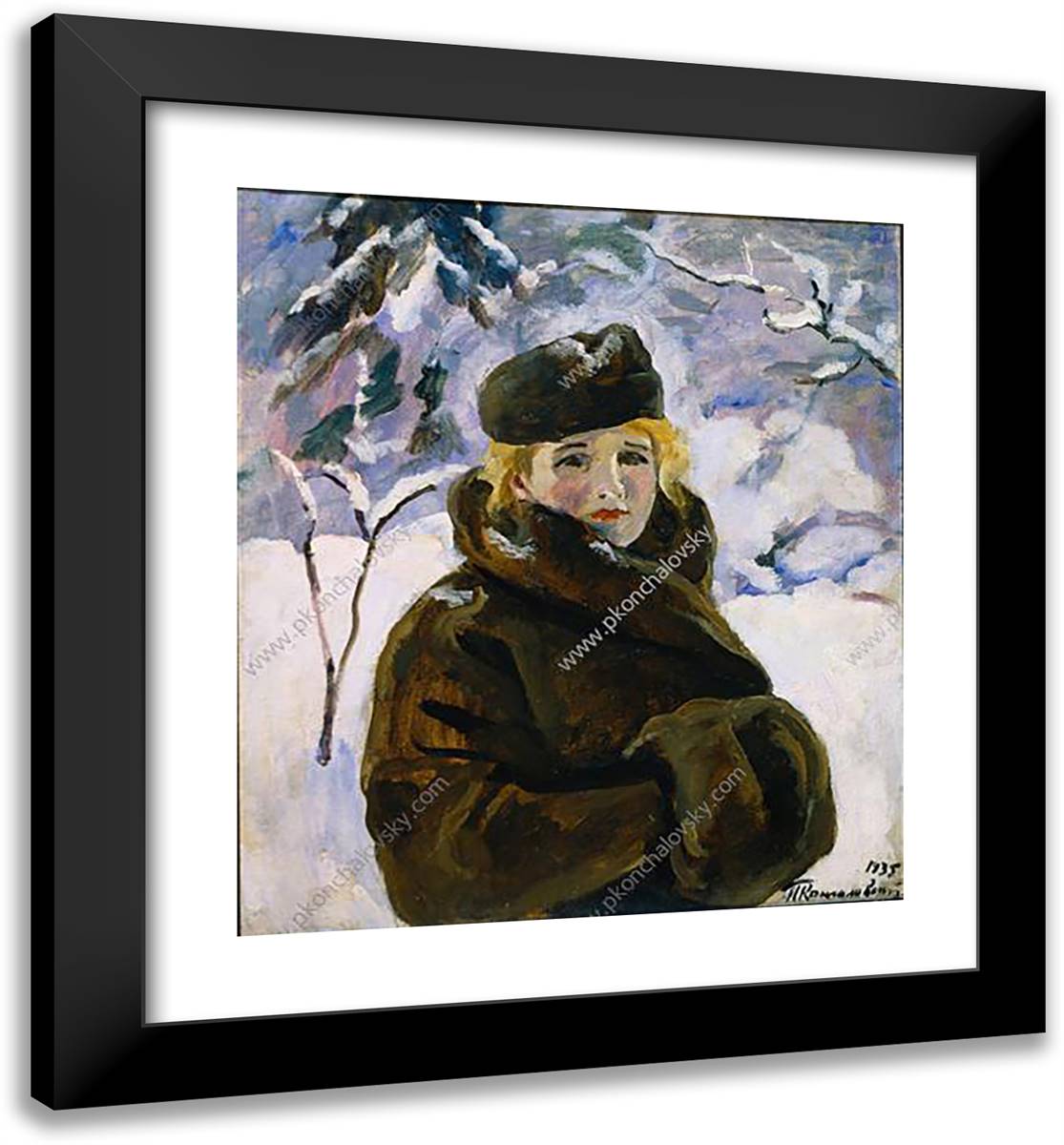 Portrait of Anna Kondratyevna Reyhshtadt Against the Background of a Winter Landscape 20x22 Black Modern Wood Framed Art Print Poster by Konchalovsky, Piotr