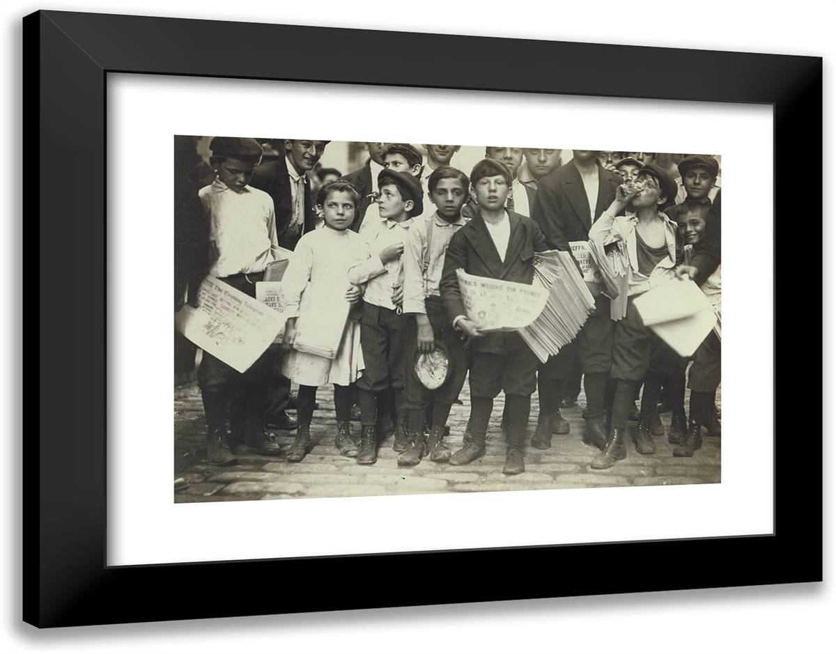 Crowd of Newsies, Including One Girl 24x19 Black Modern Wood Framed Art Print Poster by Hine, Lewis Wickes