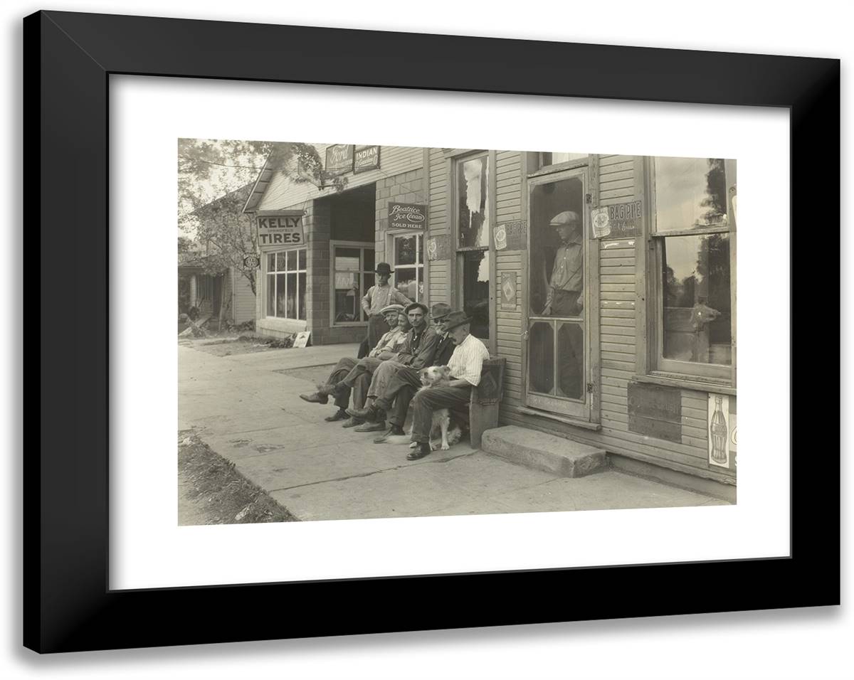 Men with Dog Sitting on Bench in Front of General Store 24x19 Black Modern Wood Framed Art Print Poster by Hine, Lewis Wickes