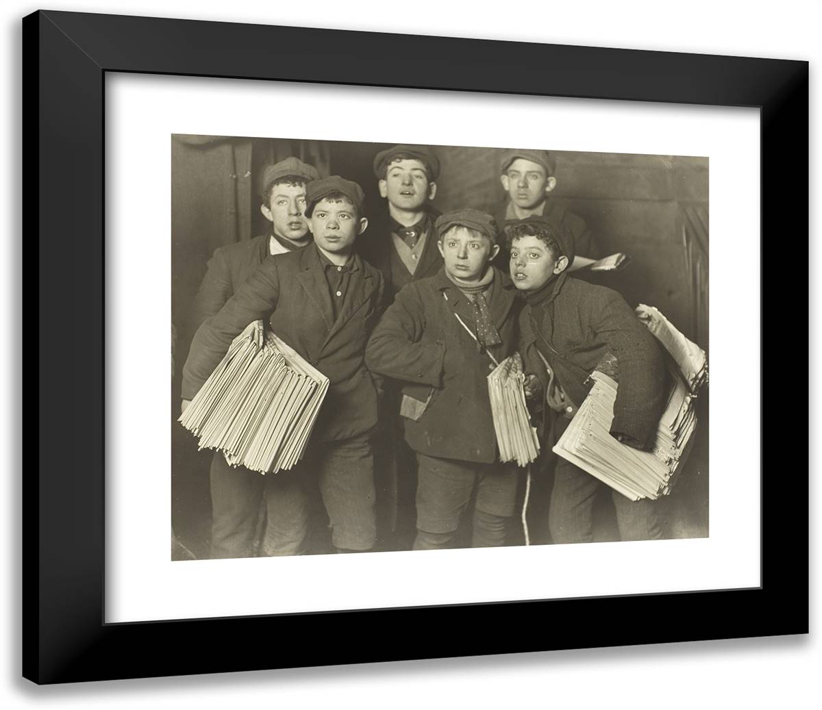 Newboys, Brooklyn Bridge 23x20 Black Modern Wood Framed Art Print Poster by Hine, Lewis Wickes