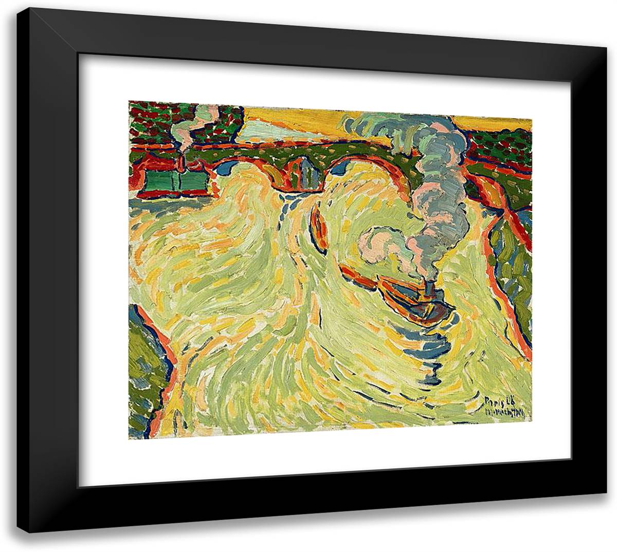 Bridge Over the Seine with Small Steamer 22x20 Black Modern Wood Framed Art Print Poster by Pechstein, Max