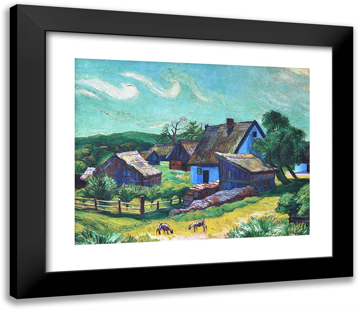 Farmhouses in the Morning 23x20 Black Modern Wood Framed Art Print Poster by Pechstein, Max