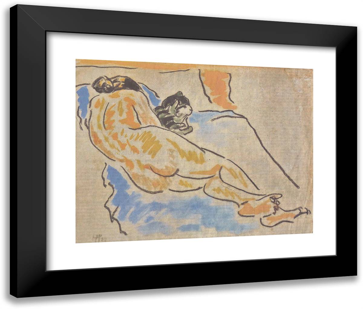 Liegender Weiblicher Akt Mit Katze 24x20 Black Modern Wood Framed Art Print Poster by Pechstein, Max