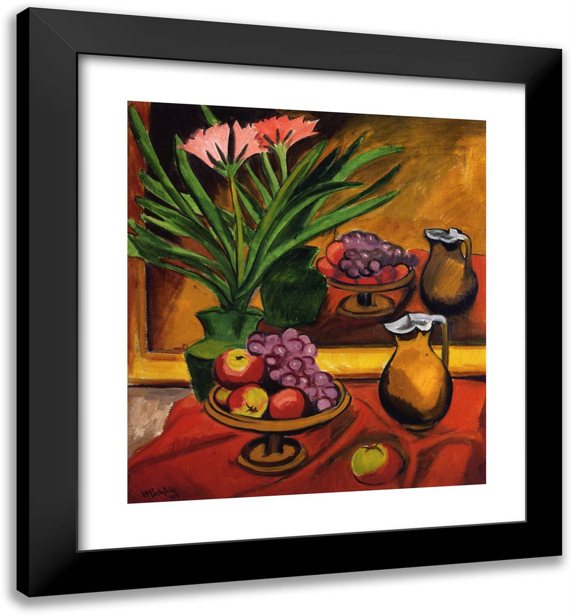 Still Life with Mirror Clivia, Fruit and Jug 20x22 Black Modern Wood Framed Art Print Poster by Pechstein, Max