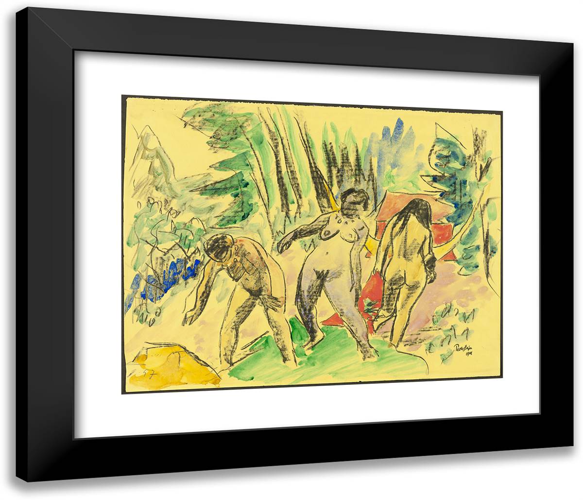 Three Nudes in the Forest 23x20 Black Modern Wood Framed Art Print Poster by Pechstein, Max