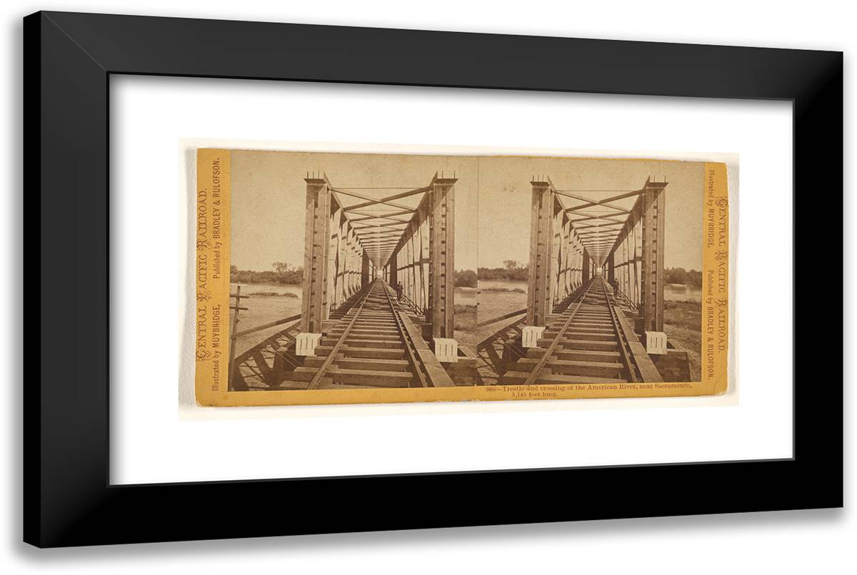 Trestle and Crossing of the American River, Near Sacramento, 24x16 Black Modern Wood Framed Art Print Poster by Muybridge, Eadweard