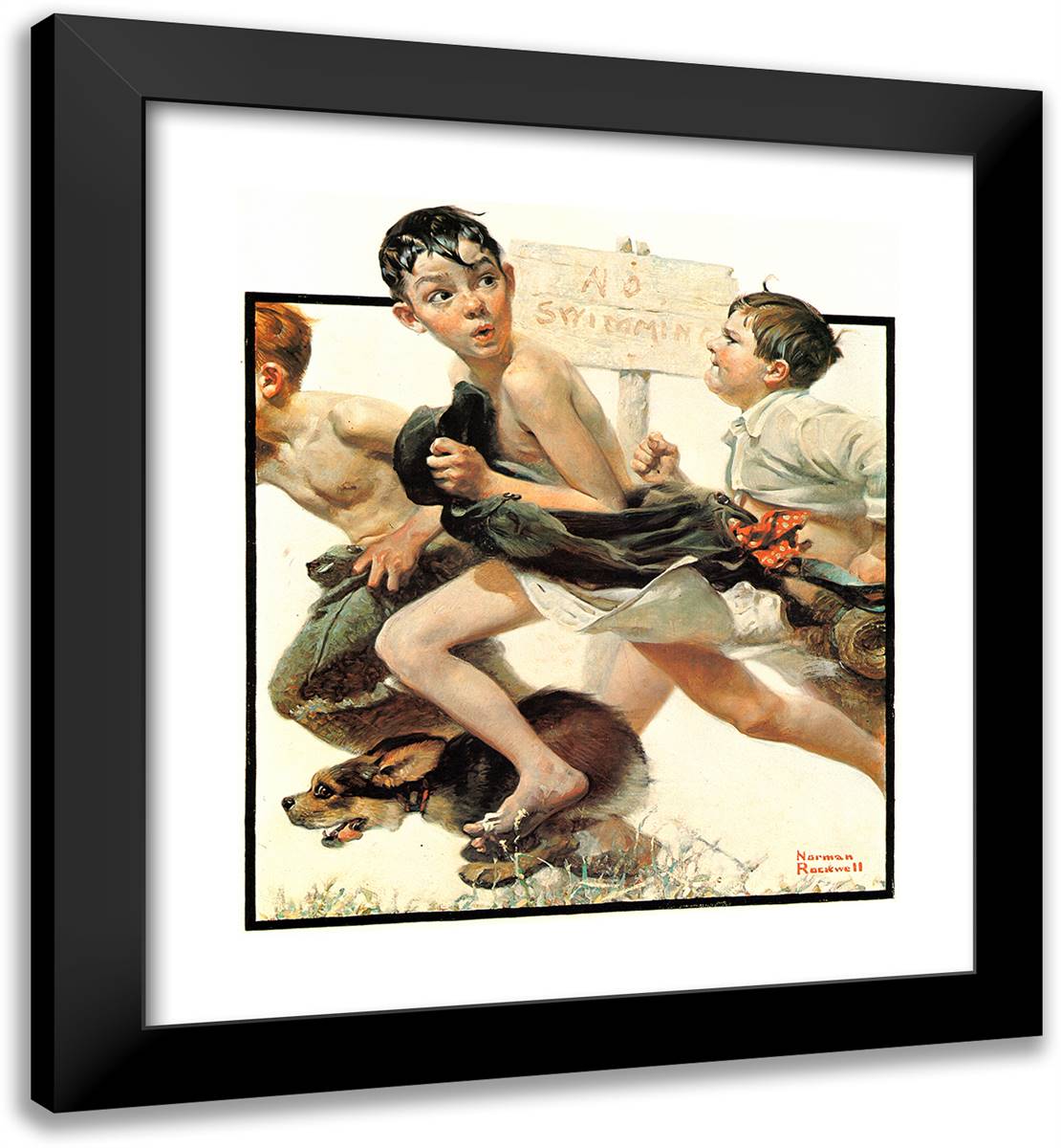 No Swimming 20x22 Black Modern Wood Framed Art Print Poster by Rockwell, Norman
