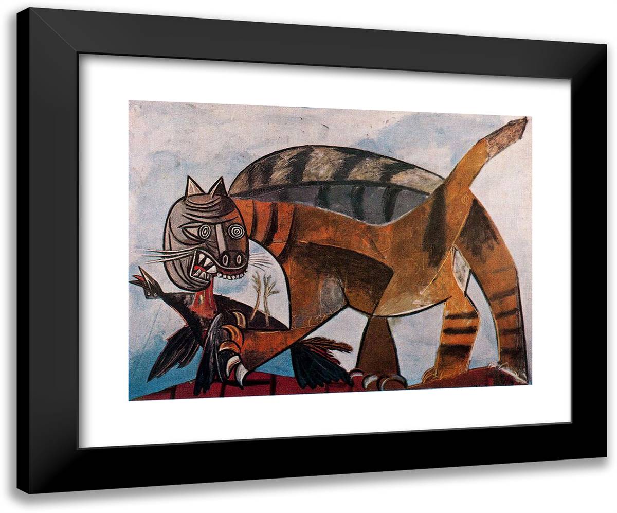 Cat Eating a Bird 24x20 Black Modern Wood Framed Art Print Poster by Picasso, Pablo