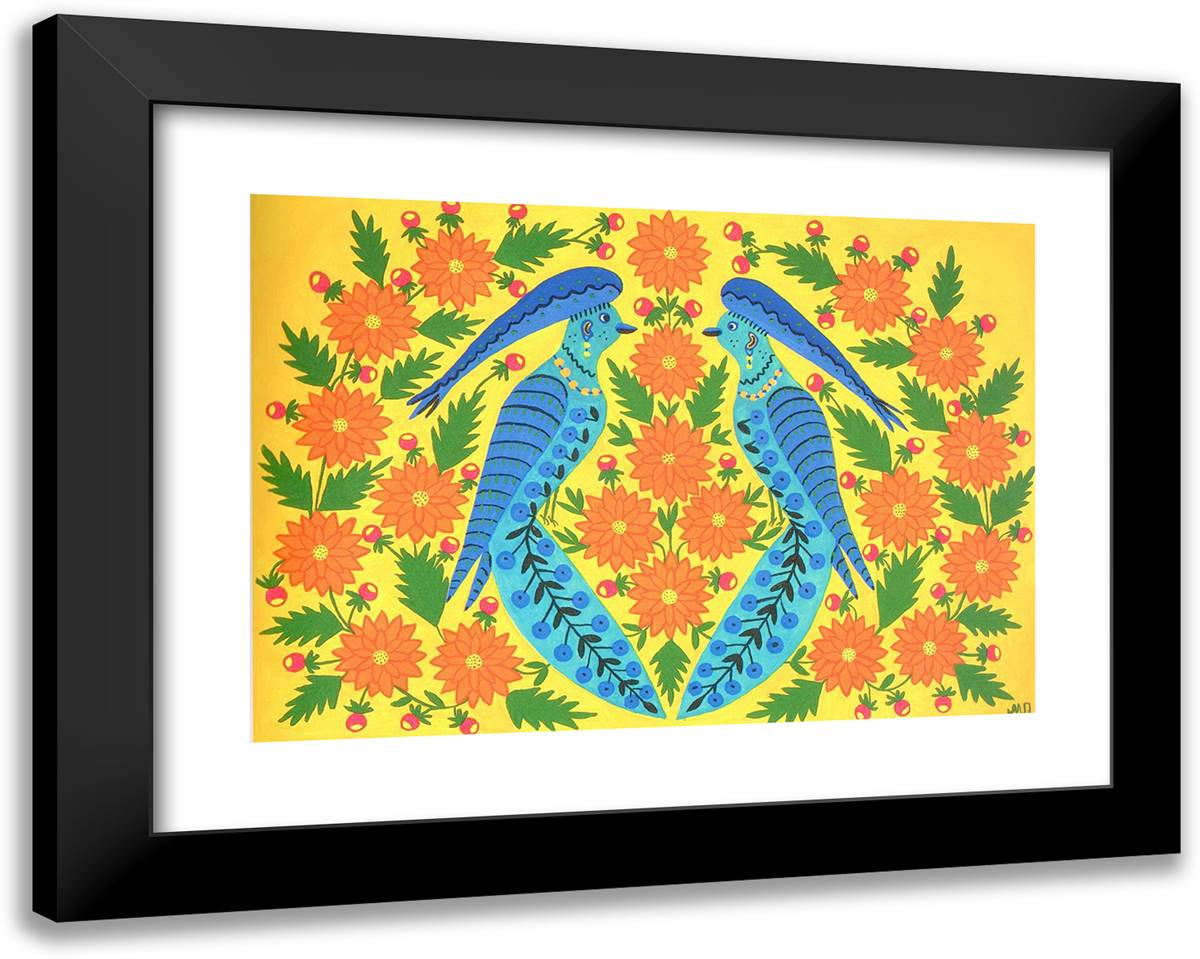 Blue Birds in Flowers 24x19 Black Modern Wood Framed Art Print Poster by Primachenko, Maria