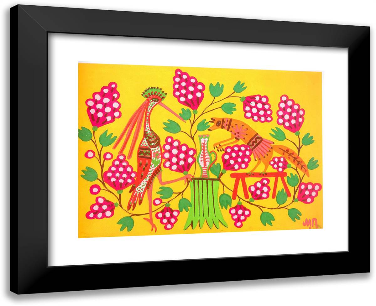 Crane Makes Friends with a Fox 24x19 Black Modern Wood Framed Art Print Poster by Primachenko, Maria