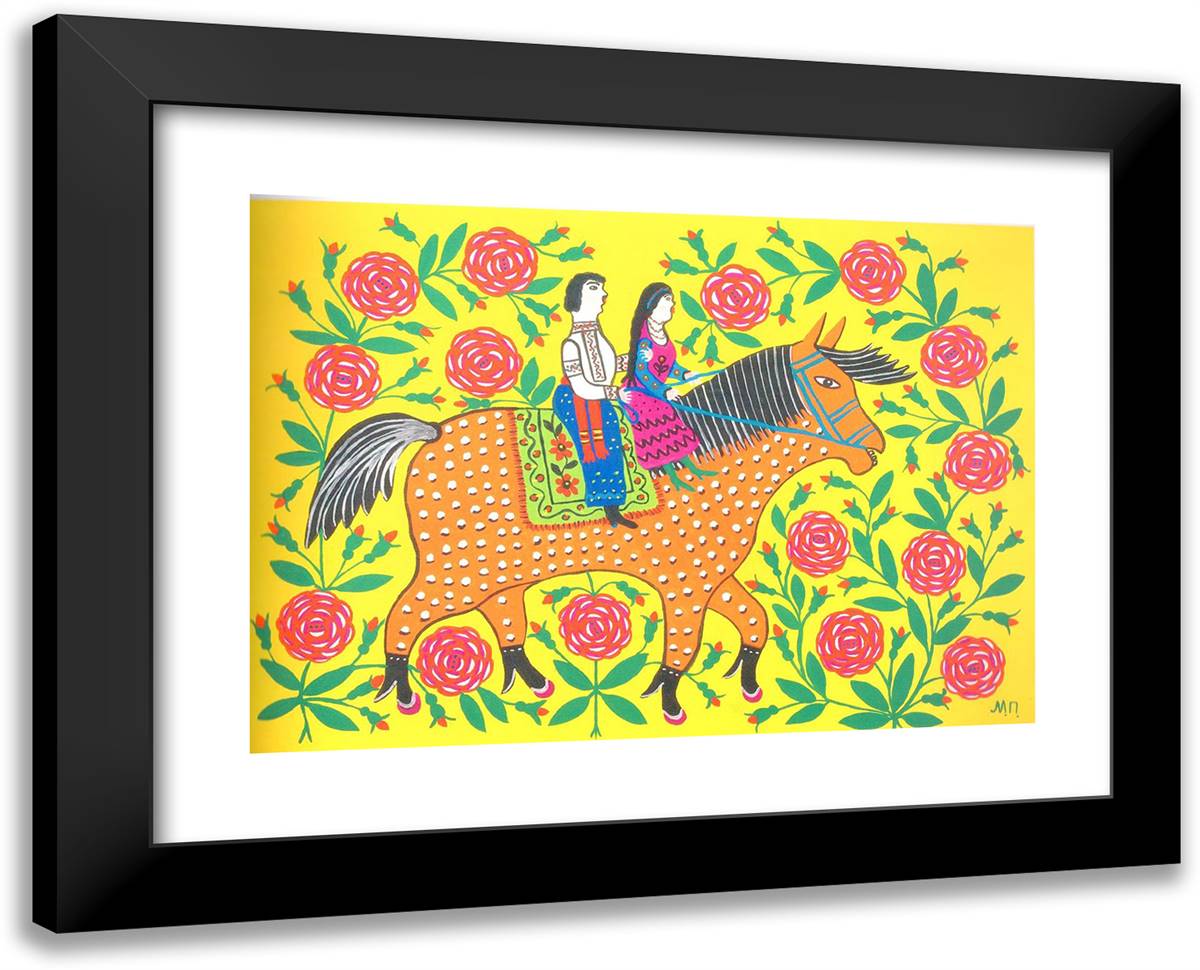 Maiden and Cossack Enjoying a Ride on Horseback 24x19 Black Modern Wood Framed Art Print Poster by Primachenko, Maria