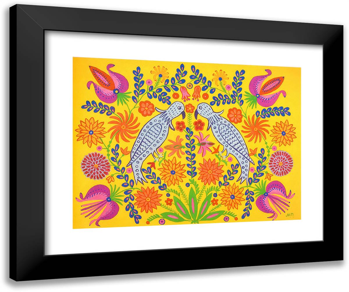 Two Parrots Took a Walk Together in Spring 24x20 Black Modern Wood Framed Art Print Poster by Primachenko, Maria