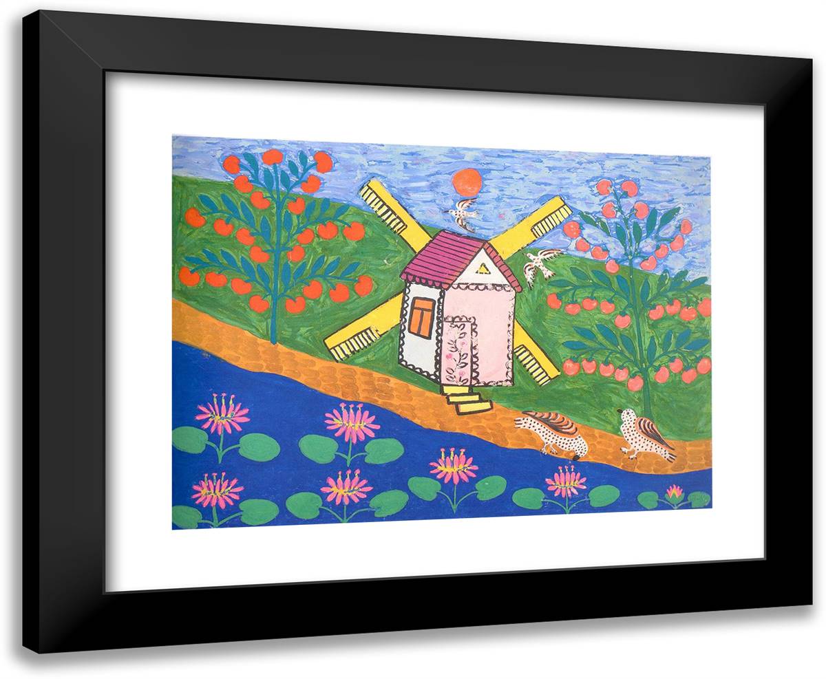 Two Pigeons Drank Water by a Windmill and Ford 24x20 Black Modern Wood Framed Art Print Poster by Primachenko, Maria