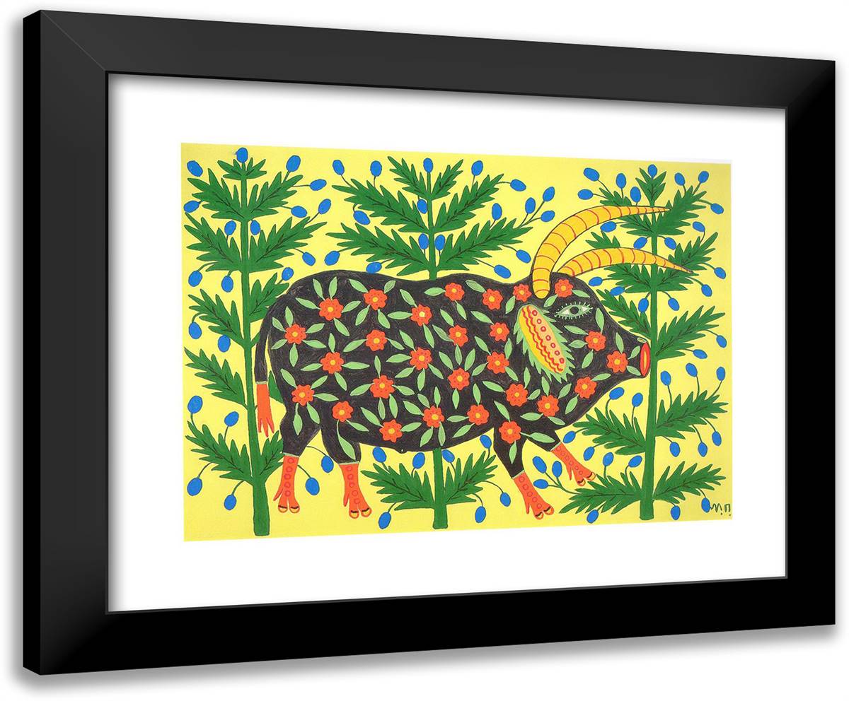 Ukrainian Bull, Three Years Old, Went Walking Through the Woods and Garners Strength 24x20 Black Modern Wood Framed Art Print Poster by Primachenko, Maria