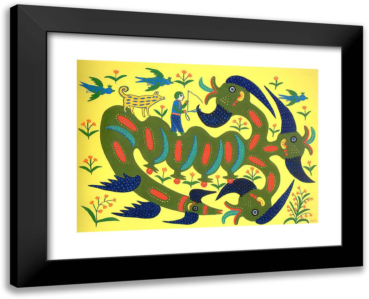 Vania Has Brided a Serpent by the Beard and Rides Through Town 24x19 Black Modern Wood Framed Art Print Poster by Primachenko, Maria