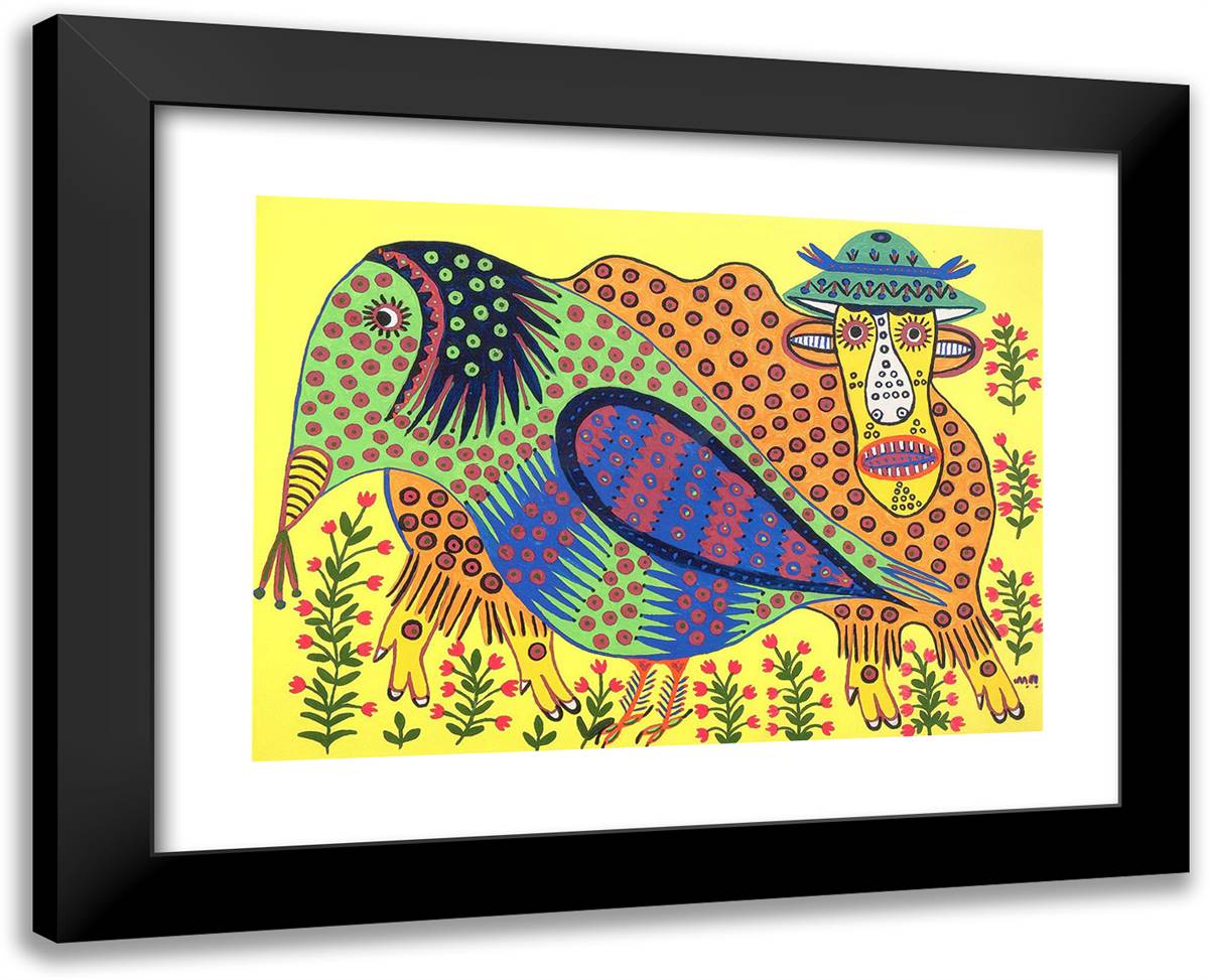 Wild Bull and Raven Are Friends 24x19 Black Modern Wood Framed Art Print Poster by Primachenko, Maria