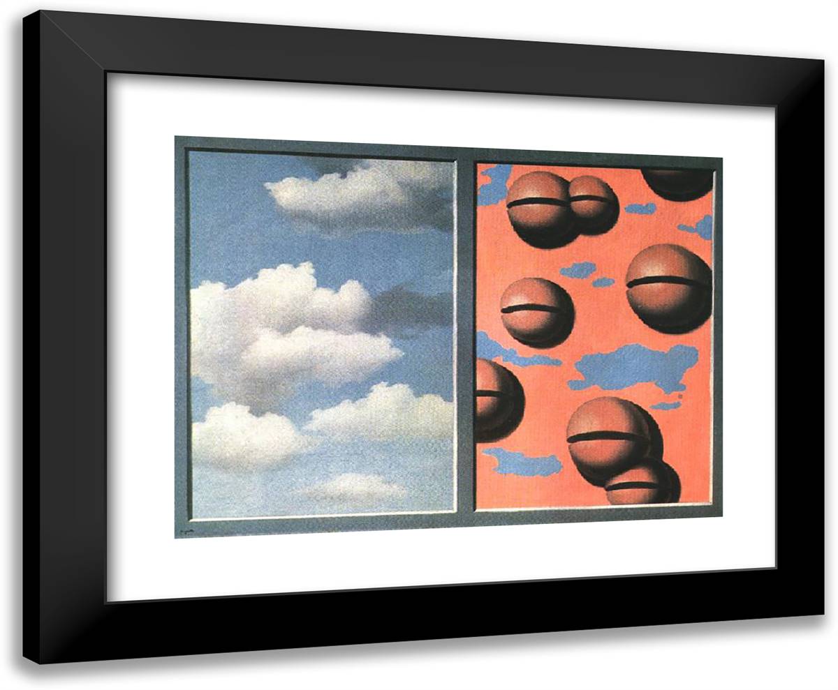 Pink Belles, Tattered Skies 24x20 Black Modern Wood Framed Art Print Poster by Magritte, Rene