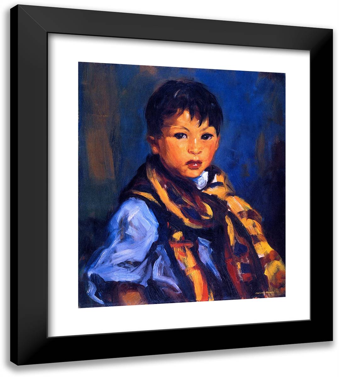 Boy with Plaid Scarf 20x22 Black Modern Wood Framed Art Print Poster by Henri, Robert