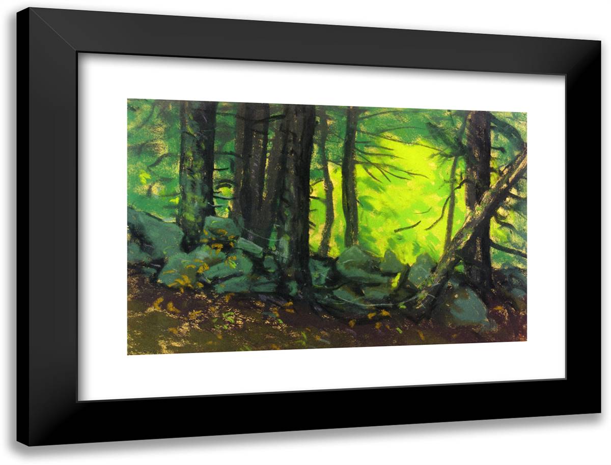 The Stone Wall with Woods 24x18 Black Modern Wood Framed Art Print Poster by Henri, Robert