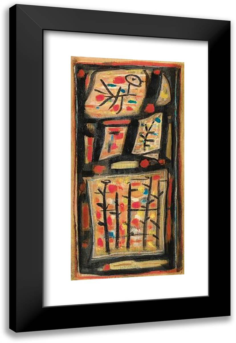 Composition 119 (Oiseau Rouge Sur Noir) 16x24 Black Modern Wood Framed Art Print Poster by Bissiere, Roger